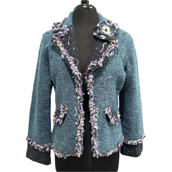 YAK Magik Blue Embellished Artisan Boho Open Blazer Sz S - Picture 1 of 14